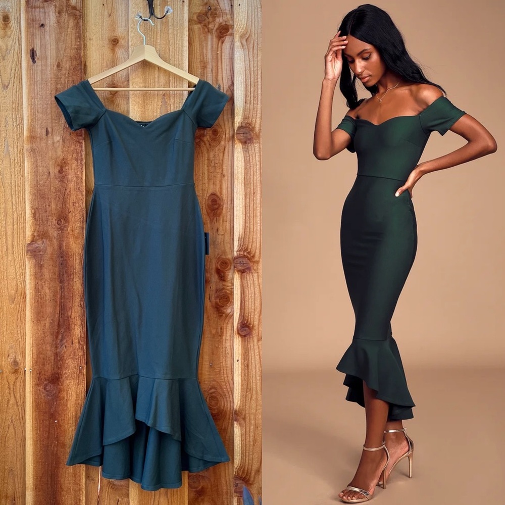 Dark Green Off-the-Shoulder Sweetheart Midi Dress 🌿